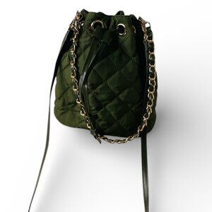 Ann Taylor Army Green Quilted Drawstring Bucket Bag | Crossbody & Shoulder Strap
